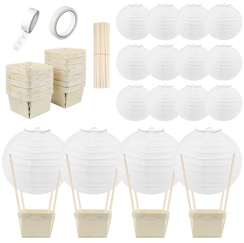 12Stück Heißluftballon Papier Laternen Tischmittenstücke Dekoration DIY Papier Laternen Holz Beeren Boxen mit Stöcken für Geburtstag Hochzeit Party Tisch Weihnachtsfeier Dekor Geschenk (Weiß)
