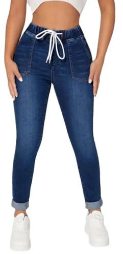 YUECIBAI Jeans Pantalon Jeanshosen Damen Jeans Mit Hoher Taille Damen Jeans Mit Kordel Zug Damen Jeans Elastisch Taille Schlank Fit Stoff Stilvolle Damen Hose XL Blau
