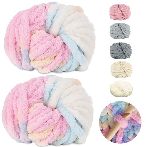 Dicke Wolle Garn 500 g(250 g*2) ca.54 m, Bunt Chunky Wolle, Super Soft Chenille Chunky Yarn, Grobstrick Weiches Wollgarn, Soft Arm Knitting zum Häkeln Decke, Schals, Mützen, Decken, Zierkissen