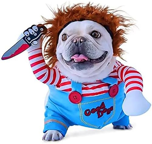 Halloween Chucky Hundekostüm, Outfit mit Messer-Perücke, lustige Hundekleidung, Cosplay, für Haustiere, kleine, mittelgroße Katzen, Hunde, Welpen, Chihuahua, Dackel, Größe S