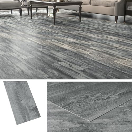 Livelynine Dicke Vinylboden Selbstklebend Holzoptik Dunkelgrau 90x15CM PVC Bodenbelag Selbstklebend mit Holz-Effekt Grau Laminatboden für Küche Bodenfliesen Selbstklebend Bad Holzoptik Antik, 18 Stück