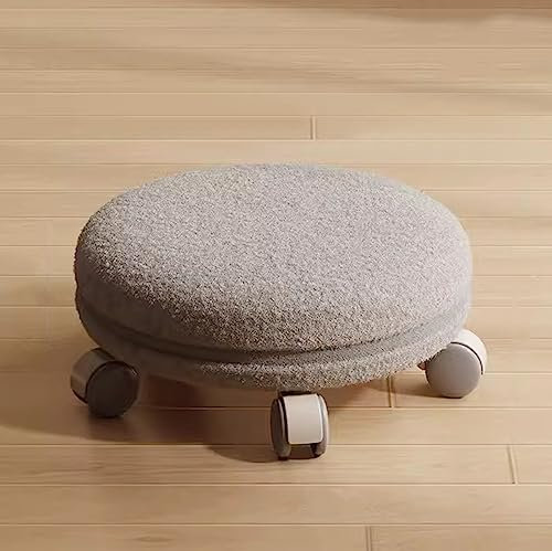 Runder, niedriger Hocker, Rollhocker aus Lammfell, mobiler Drehhocker mit Universalrad, Kleiner Hocker, Heim-Seilzug, niedriger Hocker (Grau1, 34 x 34 x 14 cm)
