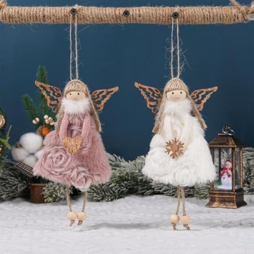 FZBNSRKO 2 Stück Weihnachtsengel Ornamente, schöne Hänge-Engel zum Aufhängen, Baum-Hängeanhänger, dekorativer Plüsch-Engel-Anhänger für Urlaub, Party, Zuhause (Rosa, Weiß)
