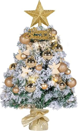 NALONE Mini albero di Natale con illuminazione da tavolo e timer, 24 pollici, floccato di neve, piccolo albero di Natale con 27 pezzi, 90 punte di ramo, albero di Natale da tavolo (oro)