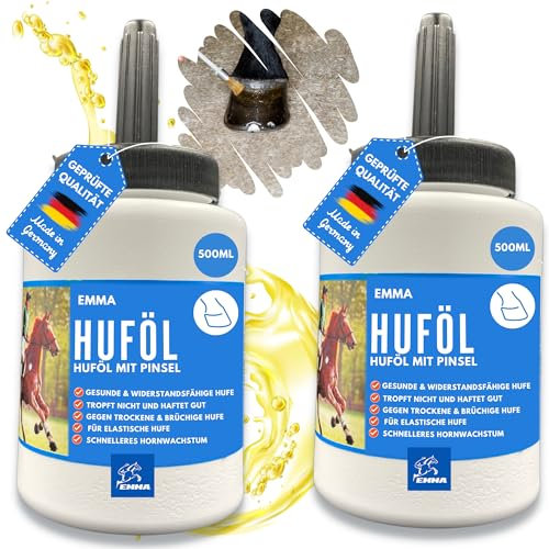EMMA Huföl Pferd 2x500ml Huffett Pferde I Hufpflege für Pferde Schnelle Hilfe für trockene Hufe I Huföl Pferd mit Pinsel I Hufbalsam für Pony mit Wallnussöl I Strahlfäule Strahlmittel I Hufgel Öl Gel