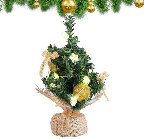 Árbol de Navidad de mesa, pequeño árbol de Navidad con luces, estrella brillante, decoración de árbol de Navidad de mesa pequeña, decoración navideña con base de madera, centros de mesa para sala de