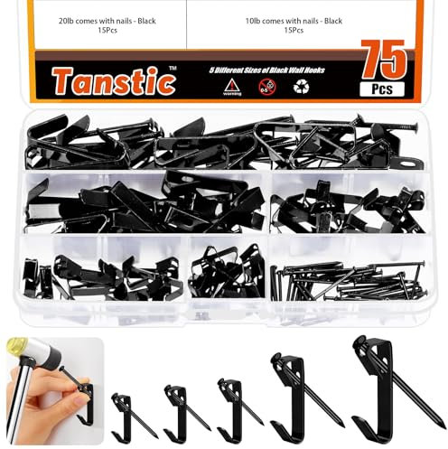 Tanstic 75 Sets Picture Hangers, 5 Sizes Picture Hanging Kit Including 10lb/20lb/30lb/50lb/100lb Picture Hanging Hooks with Nails for Painting, Picture, Clock(Black)