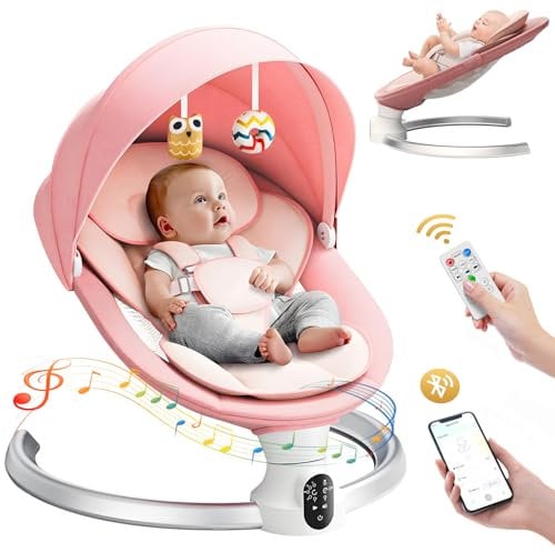 Fdlscpem Electric Baby Swing for Infant, Upgraded 5 Point Harness Baby Bouncer Chair with 5 Swing Speeds 3 Timers and 10 Music, APP/Remote/IMD Panel Control Newborn Toddler Rocker (Pink)