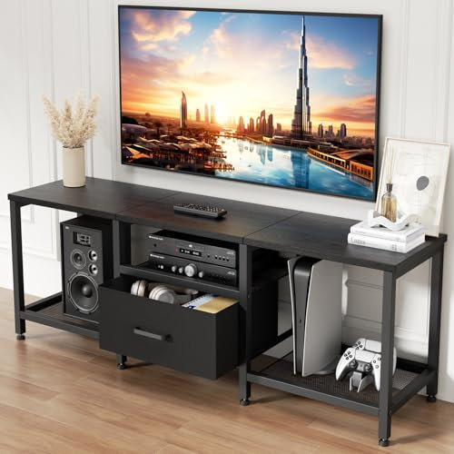 Ginzeca Elegante soporte de televisión con cajón de almacenamiento de tela para TV de hasta 55 pulgadas, soporte de carga extrafuerte, mesa consola multimedia de TV con estantes de almacenamiento