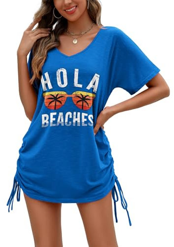 AI'MAGE Cache Maillot de Bain Femme Plage Chemise Été Tunique Paréo Cover Up Blouse Col V Maillot De Bain Cache-Maillots Et Sarongs Haut Shirt,Bleu+Lunettes Cocotier,S