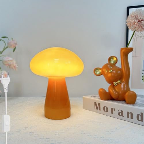 LOGT Pilz Lampe Glas Nachttischlampe mit Kabel Schalter Tischlampe Dimmbar 3000K/4500K/6000K Mushroom Tischleuchten 3 Farbwechsel Nachtlicht Retro Nachttischleuchten für BüRo Wohnzimmer,Orange