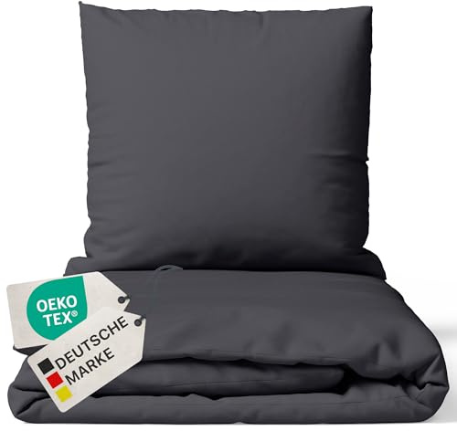 NYVI Bettwäsche Set DreamScience Renforcé Uni 135x200 + 80x80 cm Anthrazit - Atmungsaktiv & Weich - 100% Baumwolle - Mit Reißverschluss, Oeko-TEX Zertifiziert, für Allergiker geeignet