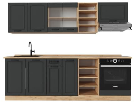 Vicco Küchenzeile R-Line, Anthrazit Landhaus/Goldkraft Eiche, 240 cm ohne Arbeitsplatte