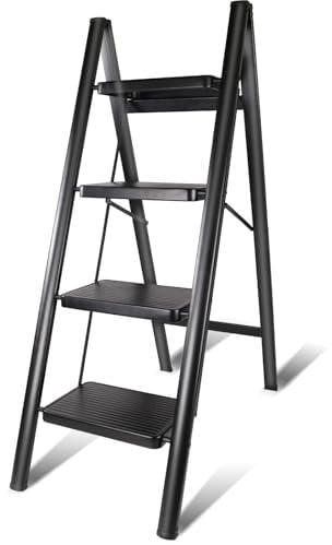 LUKVCIY Escalera 4 Peldaños, Escalera Plegable Cocina, Hierro, No Requiere Instalación, es Fácil de Almacenar y se Utiliza a Menudo en Garajes, Campings, Caravanas, etc.