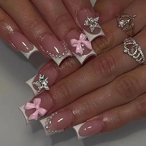Stick on Nails 24pcs, False Nails French Tip, Fake Nails with Glue, Long Square Press on Nail with Bow & Star Design