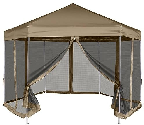 Gecheer Faltpavillon mit Seitenwänden Sechseckig Pavillon Gartenzelt Partyzelt Festzelt Gartenpavillon Garten Outdoor Terrasse 3,6x3,1m Taupe 220g/m²