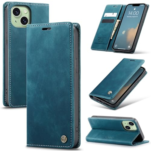 Azororo Handyhülle für iPhone 15 5G Hülle Premium Lederhülle Flip Case Magnet Tascher Kartenfach Standfunktion Klapphülle Schutzhülle für iPhone 15, Blaugrün