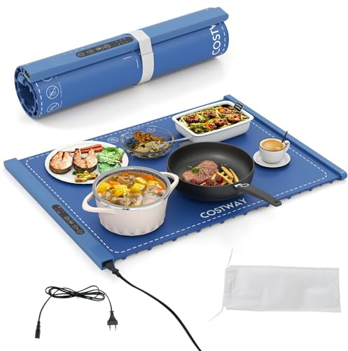 COSTWAY Chauffe Plat Électrique Pliable, Tapis Chauffant en Silicone pour Aliments, Plateau Chauffant Portable avec Température et Minuterie Réglables, pour Fêtes, Buffets, Réunions (Bleu)