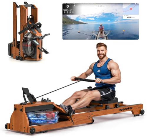 Wenoker Wasser Rudergerät für Zuhause aus FSC-Massiv-Eiche -180° Klappbares | Bluetooth & Kinomap App Anbindung, 6 Widerstandsstufen, Dual Slide Rail, 98% Vormontiert, 150kg Belastbarkeit