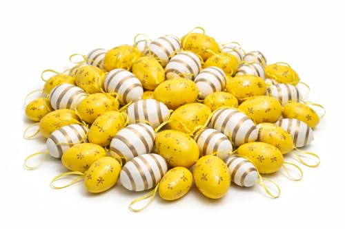KAMACA 48er Set Ostereier Gelb-Gold – Edles Design mit Streifen & Blumen – Mix aus 24x 6 cm & 24x 4 cm – Wetterfester Osterschmuck für Draußen & Drinnen – Wiederverwendbare Deko für Osterstrauch