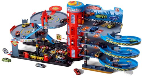 XXL Parkhaus Spielset mit 4 Etagen, Auto-Aufzug & Rennstrecken-Rampen – Große Garage mit Spielzeugautos, Zubehör & Parkplätzen – Kinder Spielgarage ab 3 Jahren