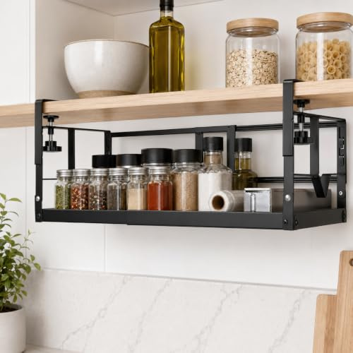 JIIKOOAI Expandable Under Shelf Storage, Under Metal Hanging Basket & Adjustable Under Desk Storage Shelf Rack for Kitchen Cabinets, Cabinet, Shoe Bench & Plate Storage