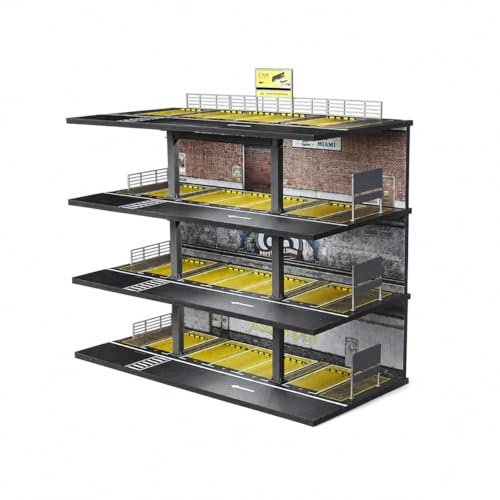 MoreArt 1:64 Diorama Parkhaus Modell 3-Ebenen Parkgarage Display | PVC & Acryl, Für Modellautos, Miniatur Werkstatt Szenerie, Für Sammlerregale, Realistisches Design