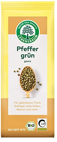 Lebensbaum Pfeffer Grün, Bio-Gewürz für Fleisch, Sossen und Beeren, aromatisch frischer und leicht scharfer Geschmack, ganz, 35 g