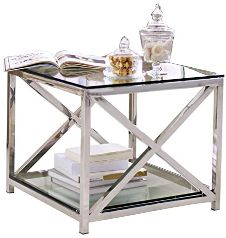 Loberon Beistelltisch Stamford, Zeitlose & Schlichte Eleganz, glänzendes Gestell, Couchtisch, Abstelltisch, Beistellmöbel, Glas, Edelstahl, Silber/klar