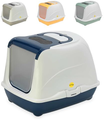 CAT CENTRE Dark Blue Cat Flip Litter Tray 4 Colours Box Hooded Pan Toilet Loo Carbon Filter Scoop