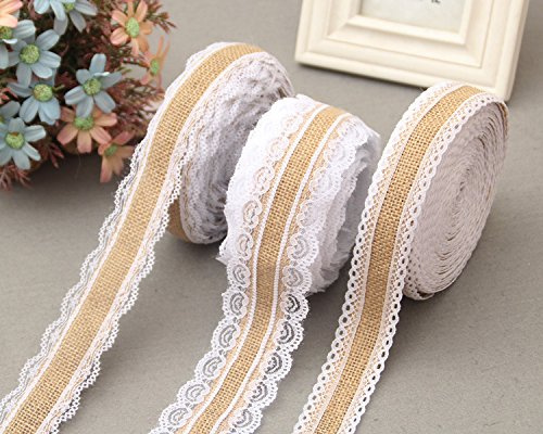 Yulakes 3 pièces 4 * 2M Vintage Toile de Jute hessois Dentelle Ruban Artisanal Ruban de Dentelle Blanche pour Bricolage Décor de Mariage