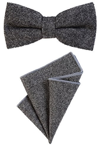 DonDon Herren Fliege 12 x 6 cm gebunden längenverstellbar und Einstecktuch 23 x 23 cm farblich passend aus Baumwolle dunkelgrau schwarz