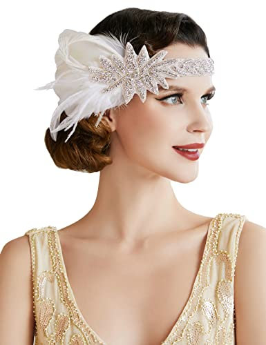 BABEYOND Damen 1920er Feder Stirnband 20er Jahre Stil Flapper Charleston Haarband Great Gatsby Damen Fasching Kostüm Accessoires Feder mit Satin Band Weiß