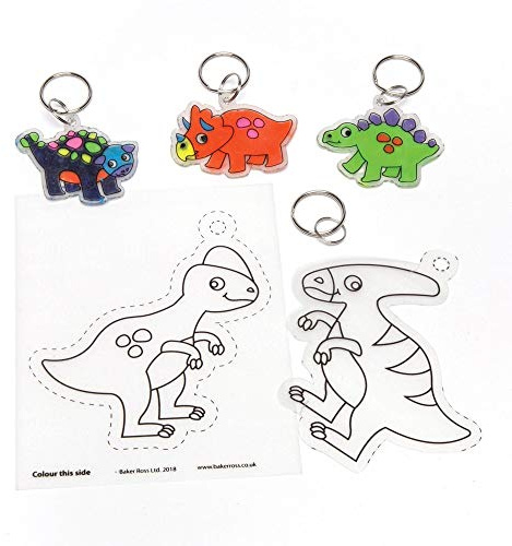 Baker Ross Porte-clés dinosaures en plastique rétrécissant (lot de 8) - Papier rétrécissant blanc avec motifs dinosaures que les enfants pourront décorer.