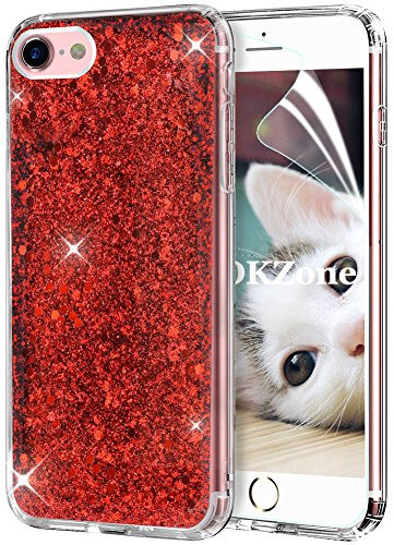 OKZone iPhone SE(2020) Phone Case [with HD Screen Protector], Bling Glitter Design Soft Gel TPU Silicone Skin Cover Anti-scratch Protective Case for iPhone SE(2020) (4.7 Inches) (Red)