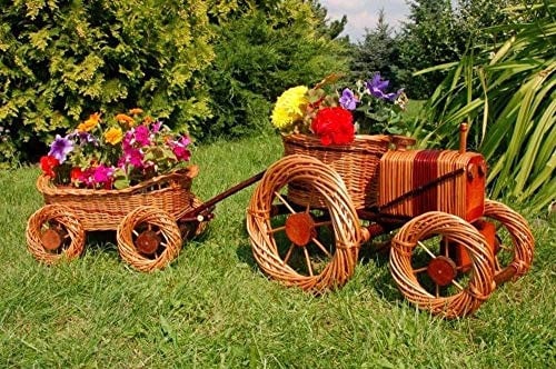 DEKO VERTRIEB BAYERN Premium Traktor+Anhänger 120cm Korbgeflecht Rattan Körbe Pflanzkorb Pflanzkasten, Gartendeko, Pflanzkasten, Blumenkasten, Pflanzhilfe