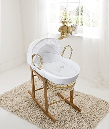 ELEGANT BABY White Teddy Wash Day Palm Moses Basket with Deluxe Natural Rocking Stand, Adjustable Hood, Fibre Mattress & Padded Liner