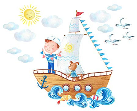 Wandtattoo Seemann auf einem Schiff - Wolken Hund Möwen Fisch Kinderbilder Junge Kinderzimmer Mädchen Aufkleber Osomhome (Seemann, M) - 95x75cm