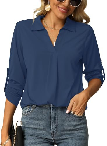 Odosalii Musselin Bluse Damen Elegant V-Ausschnitt Oberteile Sexy 3/4 Ärmel Hemd Casual Tunika Tops Longshirt T-Shirt
