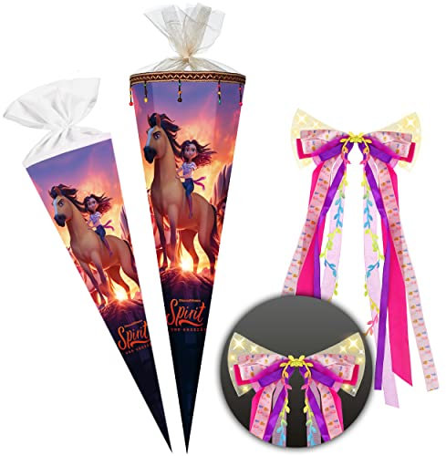 alles-meine.de GmbH Schultüte mit Perlen Bändern ! Pferd - Spirit 70-85 cm Größe wählbar inkl. LED LICHT - Schleife - Zuckertüte - Tüllabschluß/Filzabschluß - eckig..