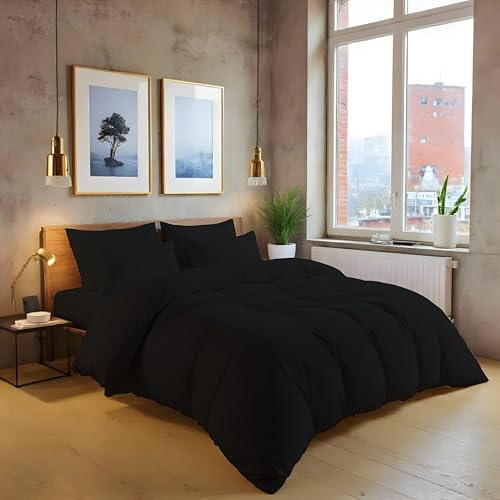 MistyMorning Plain Duvet Cover sets, Soft & Premium quality Bedding & Linen, Egyptian Cotton with 200 Thread Count. (Black, Super King)