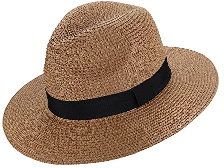 Sombrero plegable de paja para Verano y playa - Sombrero de Fedora con visera para Hombres Mujeres para Ocio y Deporte Aire Libre (Marrón)