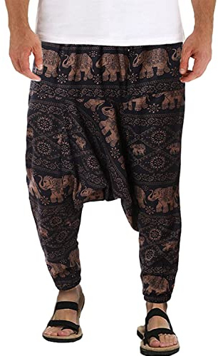 PERDONTOO Men's Cotton Harem Trousers Baggy Hippie Casual Yoga Deep Crotch Pants