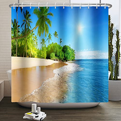 SDOTPMT 180x243cm Verano Palma Océano Islas Tropicales Playa Cortina de Ducha Viaje Naturaleza Fotografía Inicio Postal Cortina de baño Ocio Viajero Explorer Tela Impermeable Cortina baño con Ganchos