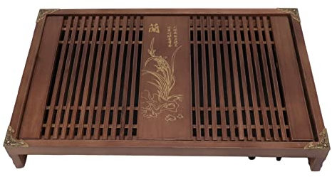 Kungfu-Teetablett, Chinesisches Entwässerungs-Wasserspeicher Gongfu-Tee-Serviertablett mit Abflussrohr, Großes 28 X 43 Cm / 11,0 X 16,9 Zoll Heimdekoration Holz-Teetisch-Set (Helle schwarze Orchidee)