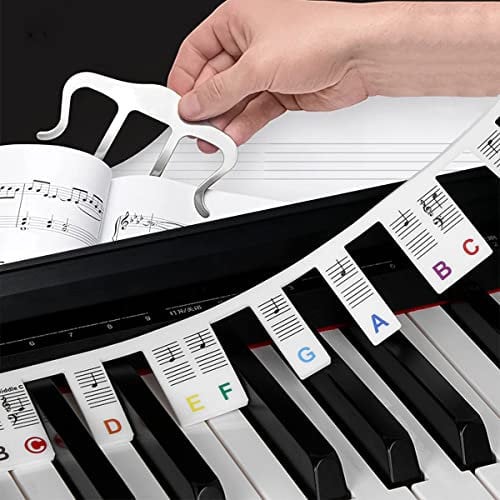 Removable Piano Keyboard Note Labels, 88 Keys for Beginners Note Guides, Made of Silicone, Comes with Metal Music Book Clip, Page Holder - Sheet Music Holders for Piano, Keyboard, Stands, and Books