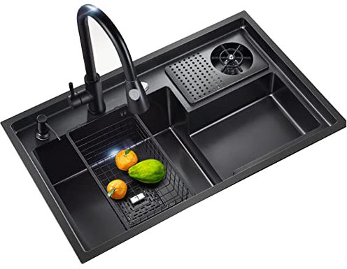 Oiyekntd Lavello da Cucina, lavastoviglie a Bacino Single Ciotola in Acciaio Inossidabile Nano lavandino del lavandino della Cucina con Rubinetto, Tagliere, rondella a Tazza,68x48cm