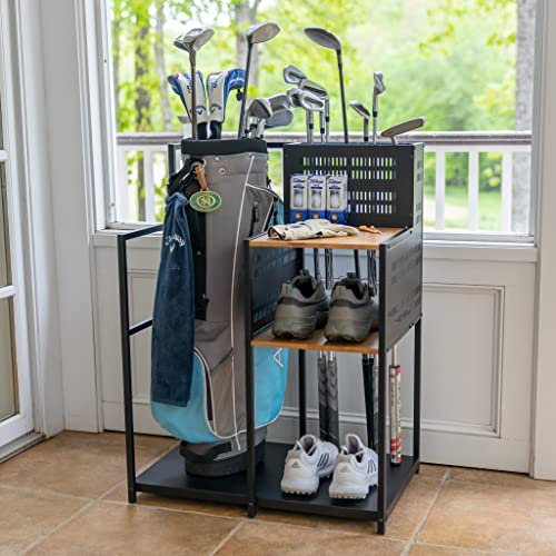 Teal Triangle Golf Storage Organizer for Garage - Golf Bag Stand for 1 Bag - Golf Club Holder Rack for Accessories - Freestanding Golf Bag Storage Rack for Home, Shed, Basement, or Sports Room