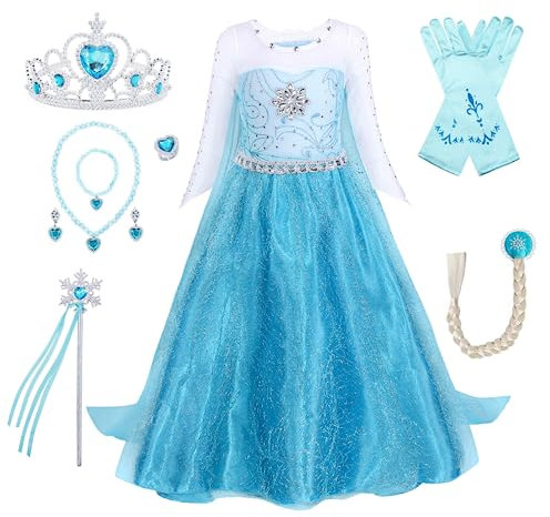 MANBOC Gefrorenes Kostüm, Prinzessin Kleid Mädchen Prinzessinnenkleid für Kinder, Krone Zauberstab Halsketten Handschuhe Set Eiskönigin Elsa Kleid, Gut für Geburtstage, Cosplay