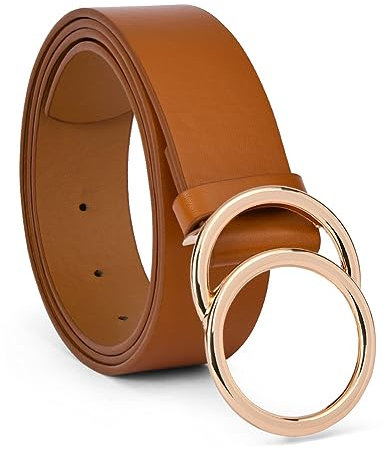 flintronic Damen Ledergürtel, Faux Leather Belt, Doppel O-Ring-Schnalle, Stilvoll Gürtel, Länge 105 CM, Breit 3.3 CM, für Jeans, Kleiderhosen Hosen Kleider, Braun